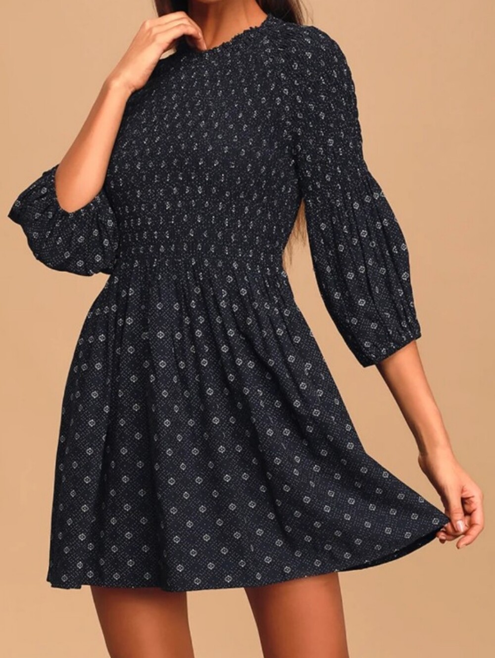 Lulus Women Navy Smocked Mock Neck Mini Dress Boho NWOT S